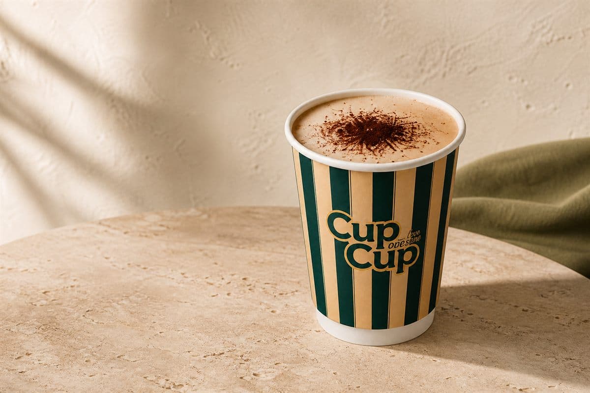 Cup Cup coffee in a branded striped cup